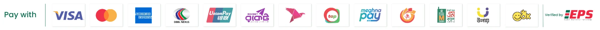 Accepted payment methods: Visa, Mastercard, American Express, DBBL Nexus, UnionPay, Rocket, bKash, tap, Meghna Pay, Nagad, Islami Bank mCash, upay, OK Wallet — verified by EPS